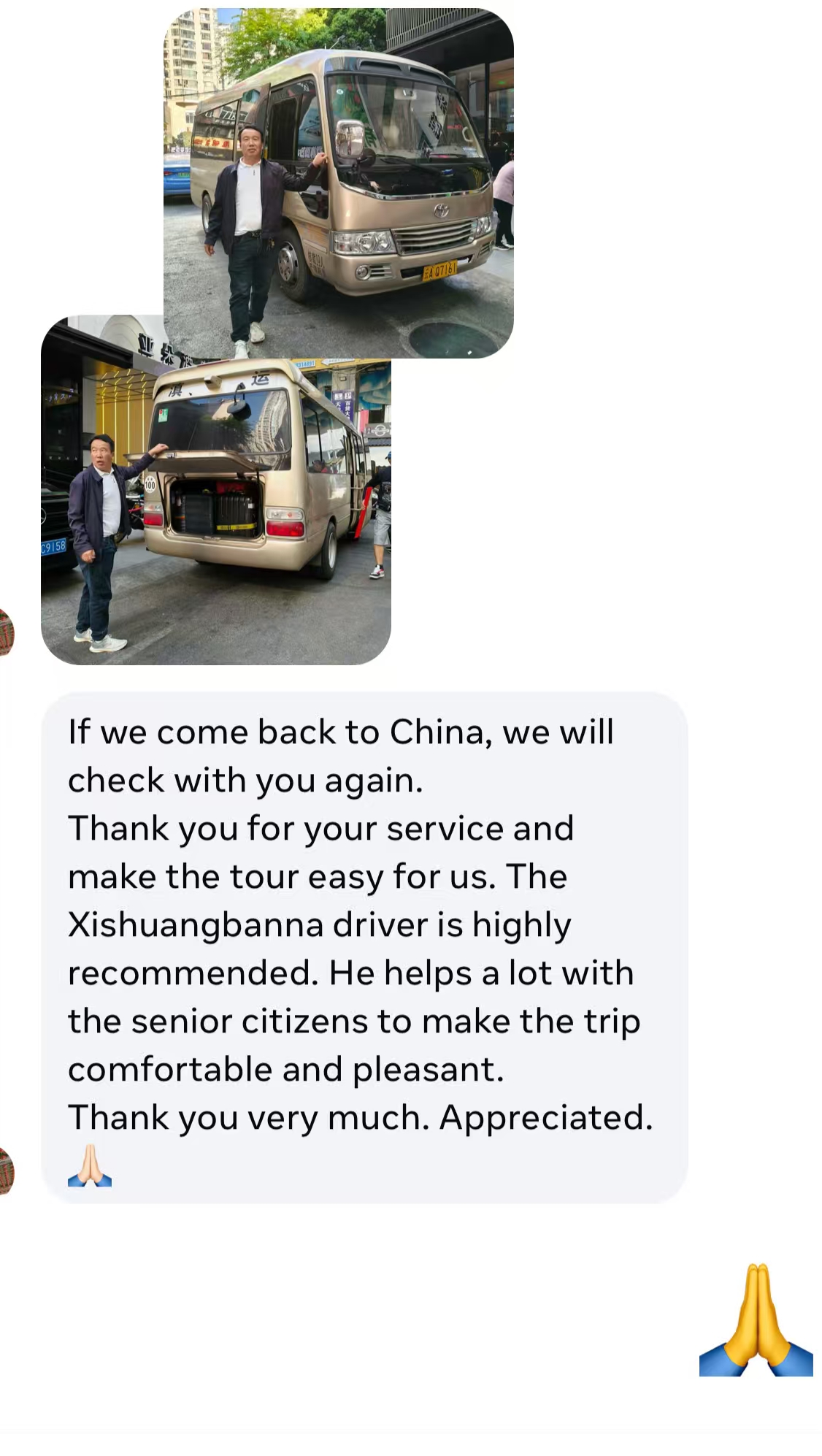 Customer review screenshot from returning China traveler